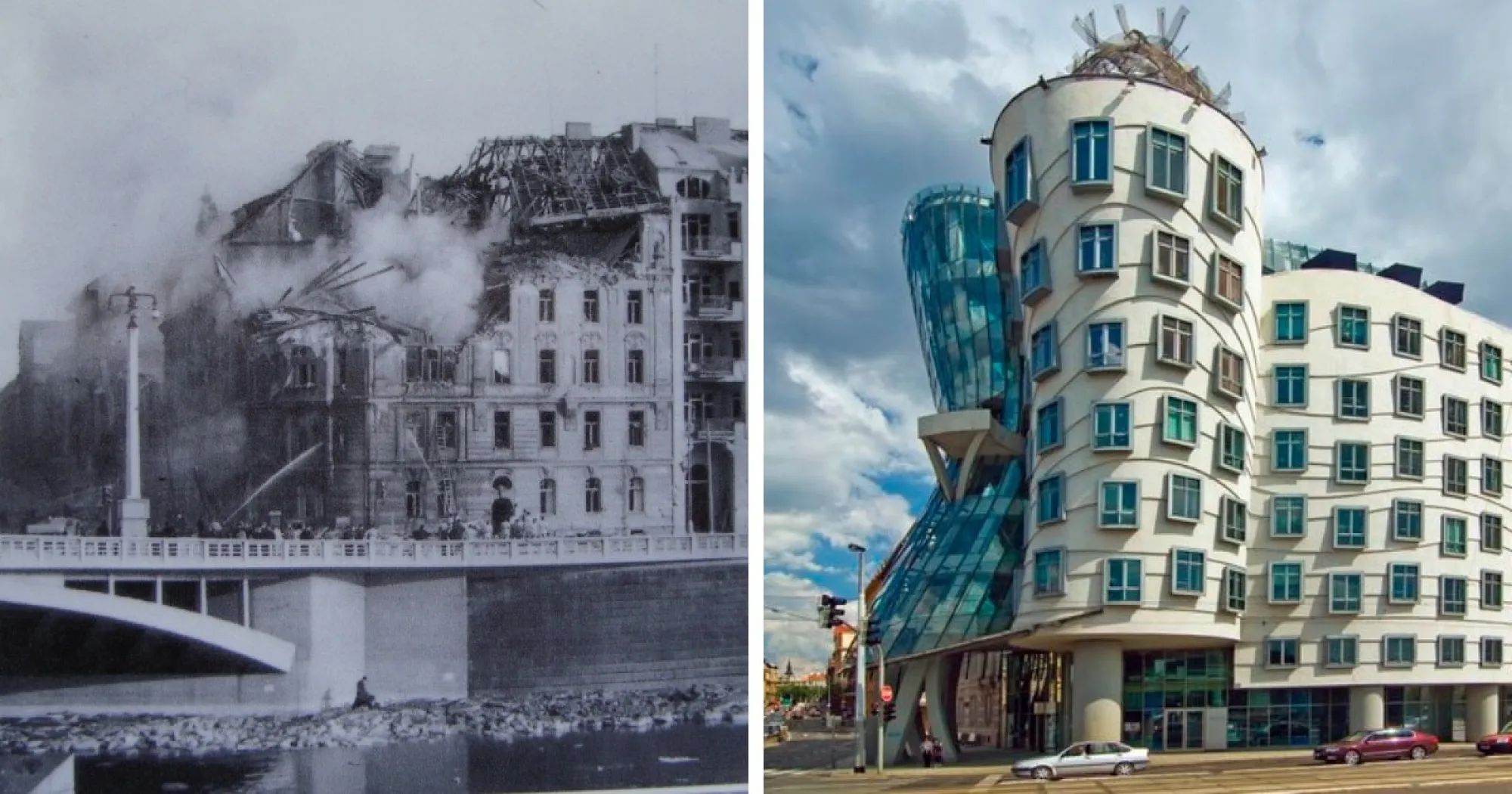 Мировое строительство. Постройка здания до после. Стройка здания до после. Известные места до и после. Танцующий дом в Праге Пикассо ( период послевоенный).