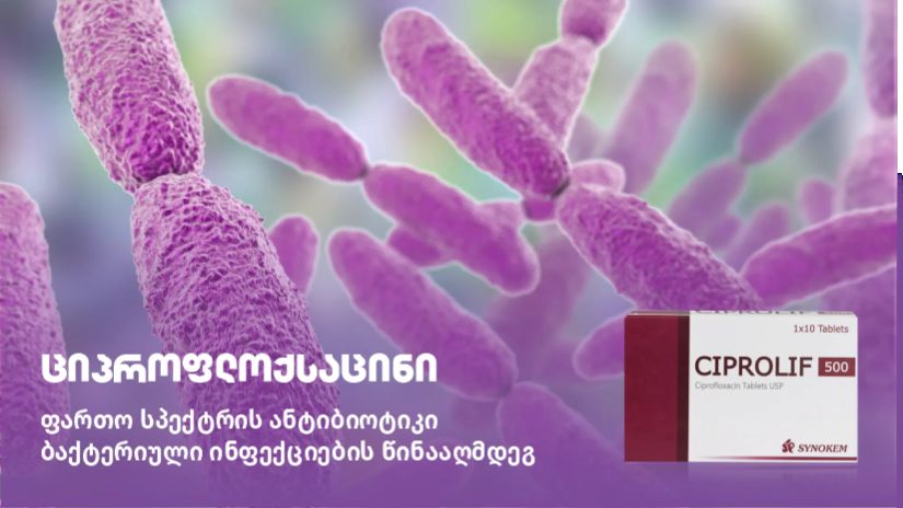 ციპროფლოქსაცინი – ფართო
სპექტრის ანტიბიოტიკი
ბაქტერიული ინფექციების
წინააღმდეგ